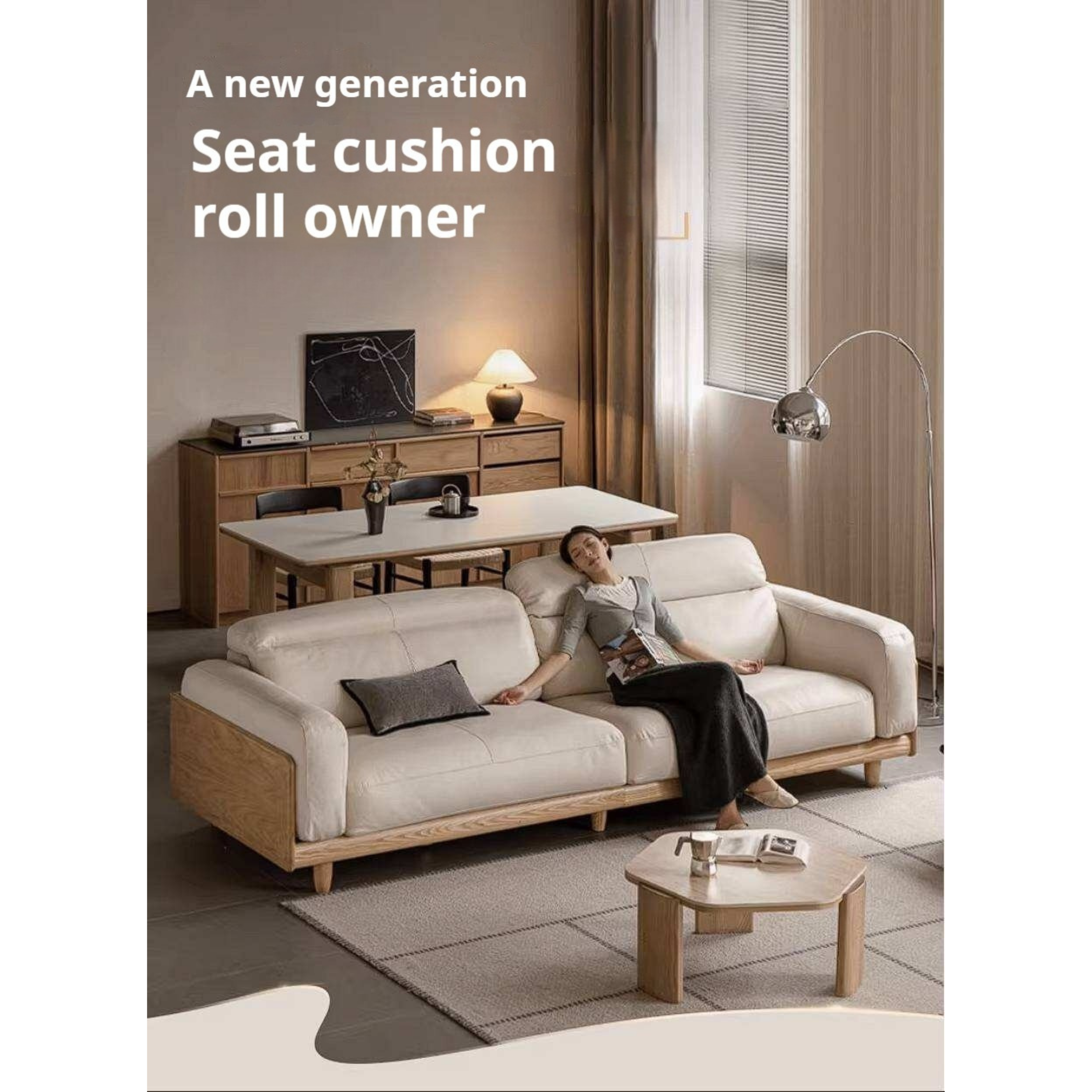 Ash Solid Wood Genuine leather Sofa with Solid Wood Frame and Adjustable Headrest
