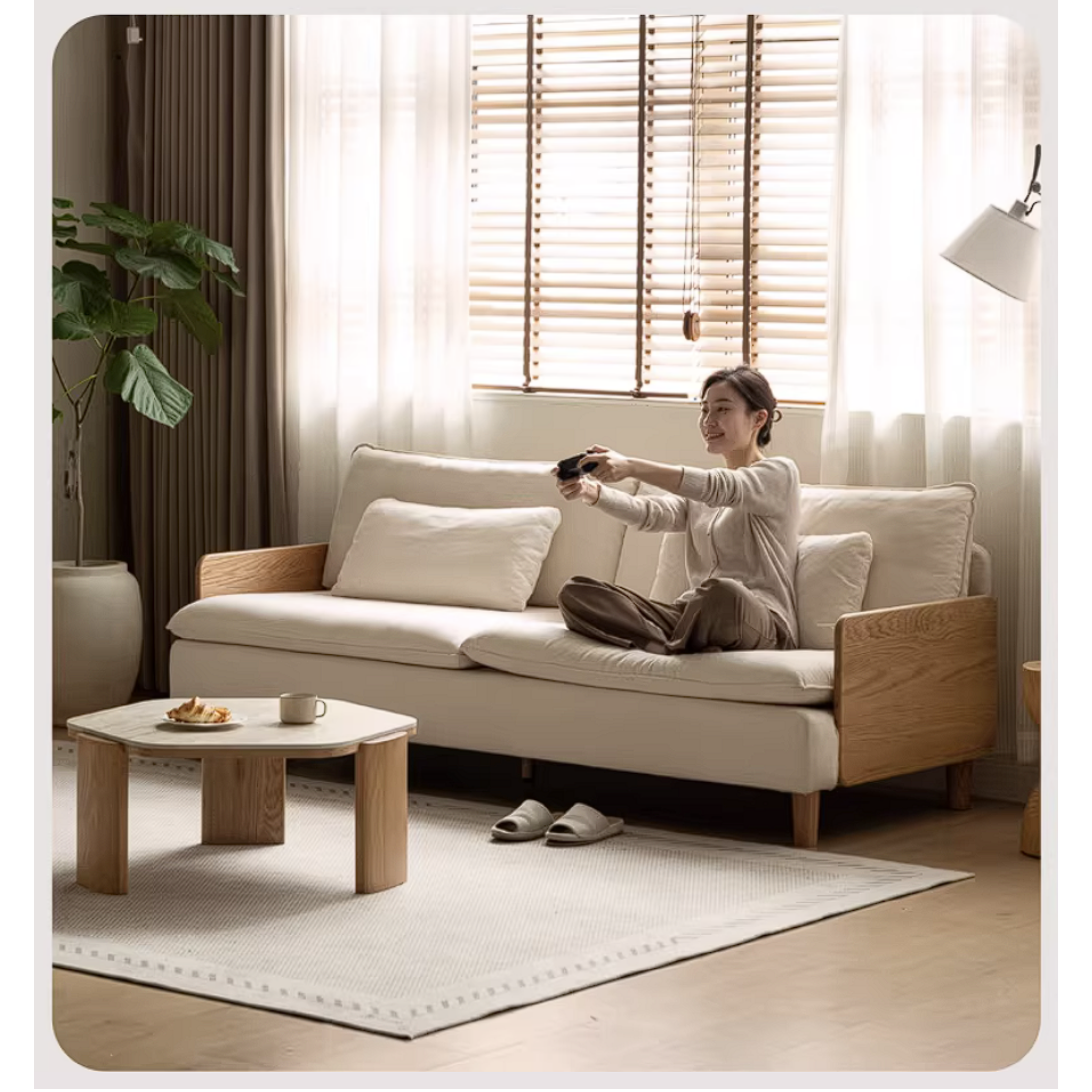 Oak Solid Wood Chenille Sofa with Wood Arm Panels and Pillow Back Cushions