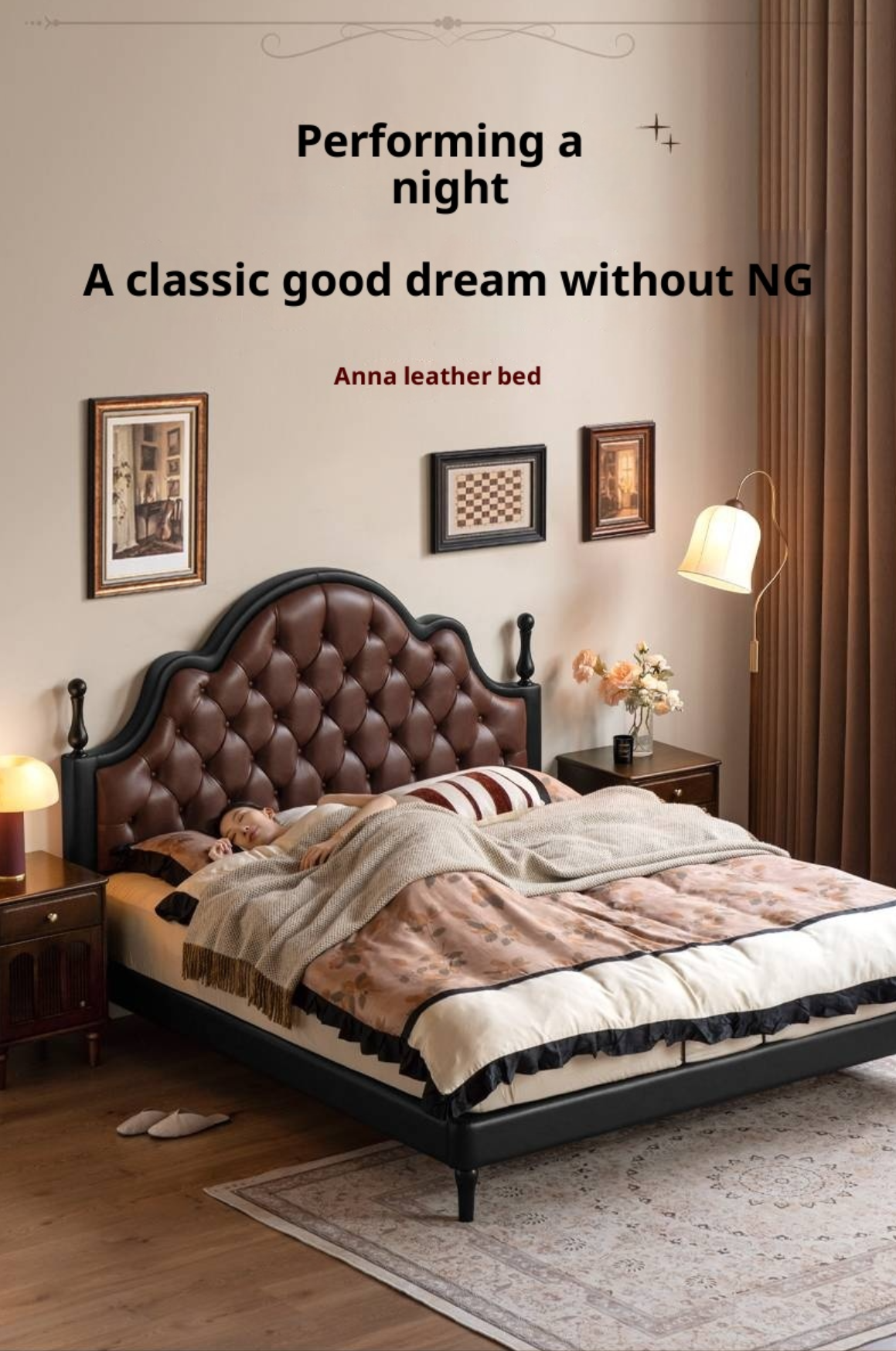 Genuine Leather Elegant Soft Backrest Bed, French Retro