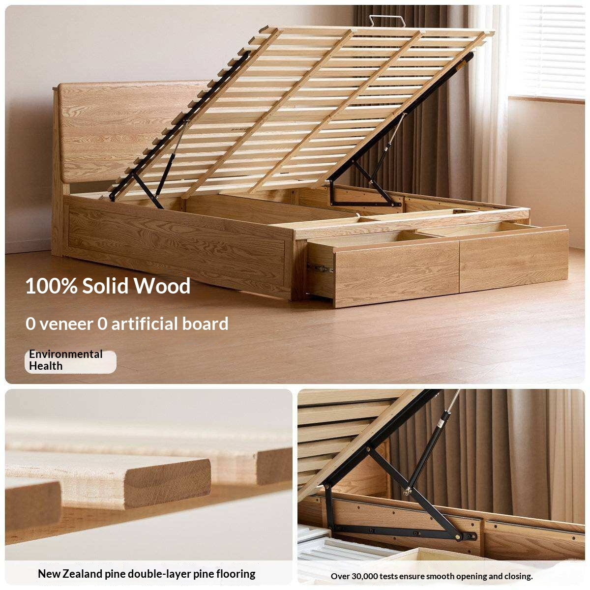 Oak Solid Wood Storage Bed with Hydraulic Lift-Up Frame and drawers