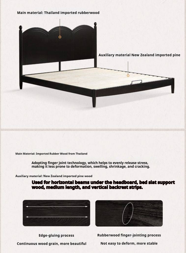 Rubberwood Solid Wood Bed — French Vintage Style, Large Slab Bed