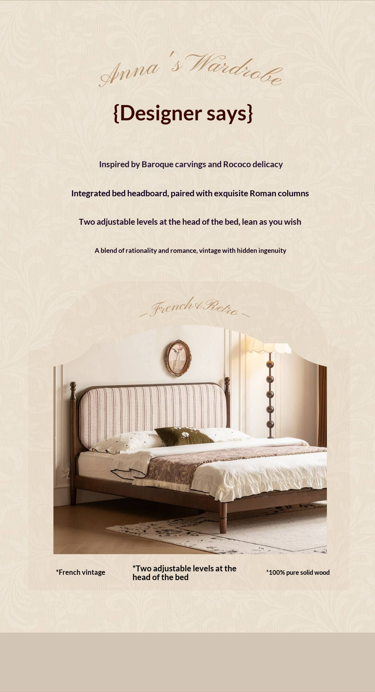 Rubberwood Solid Wood Four Poster Upholstered Bed with Adjustable Headboard