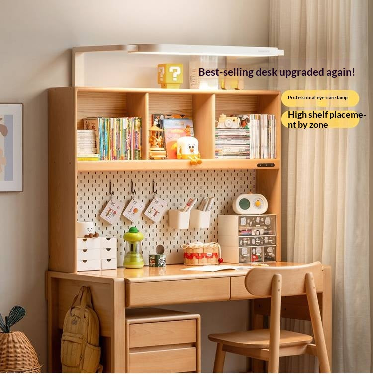 Beech Solid Wood Adjustable Height Children's Study Desk With Integrated Bookshelf
