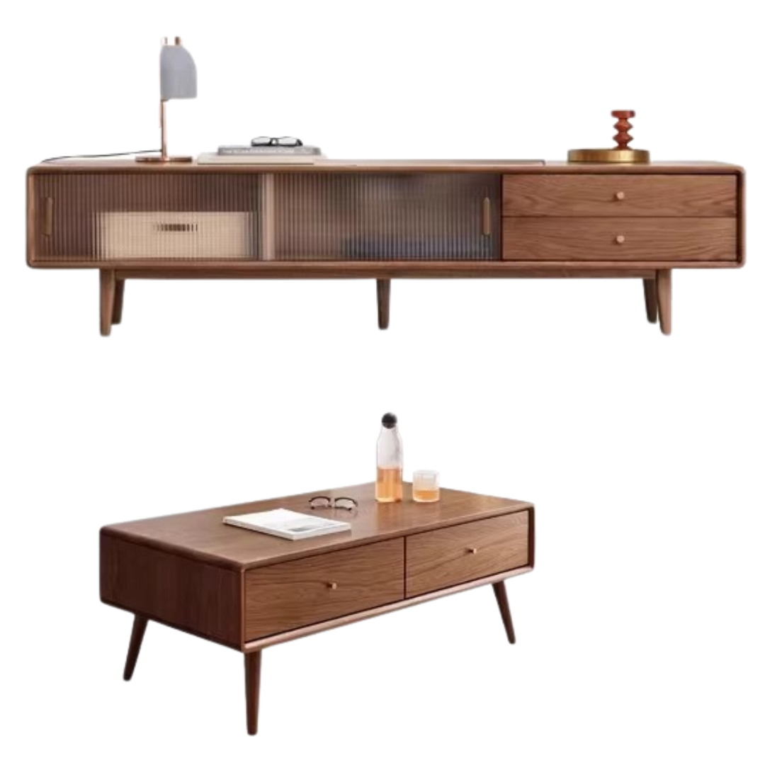 Oak, Solid Rubberwood, Beech Solid Wood TV Stand Glass Sliding Door