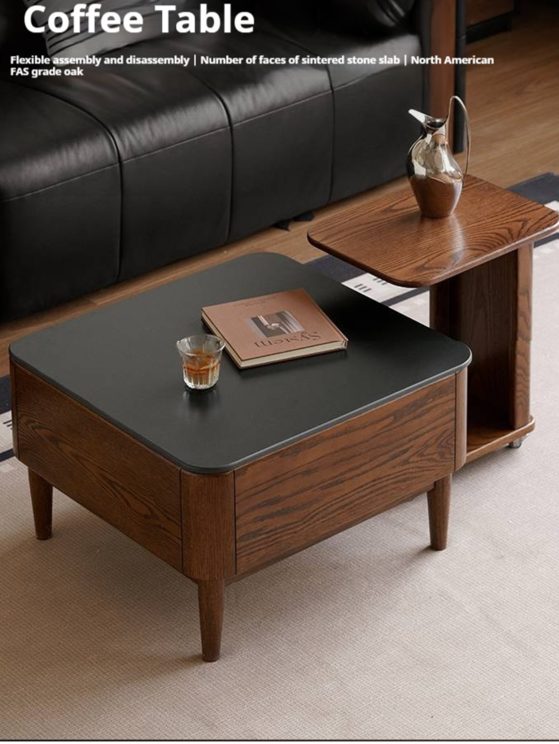 Black Walnut, Oak Solid Wood Mobile Coffee Table.