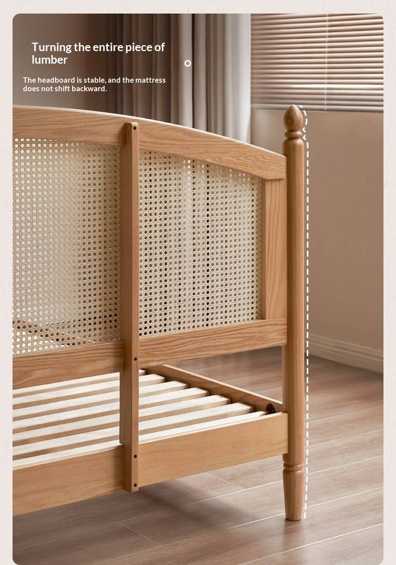 Oak Solid Wood Bed — Light Retro Style with Rattan Design