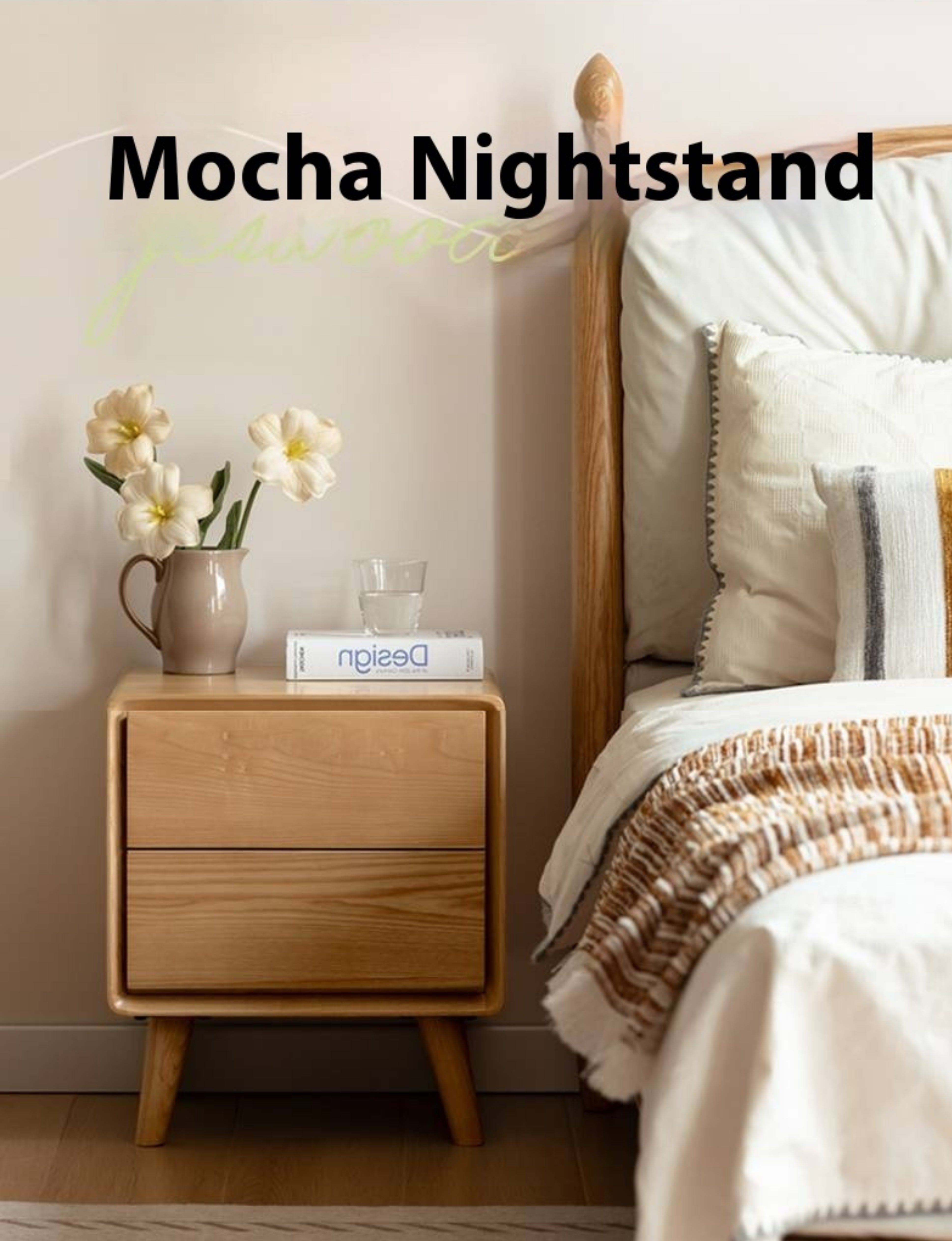 White Ash, Oak Solid Wood Modern Nightshand