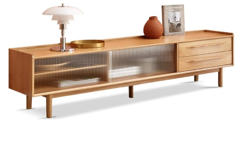Oak solid wood TV stand sliding door"
