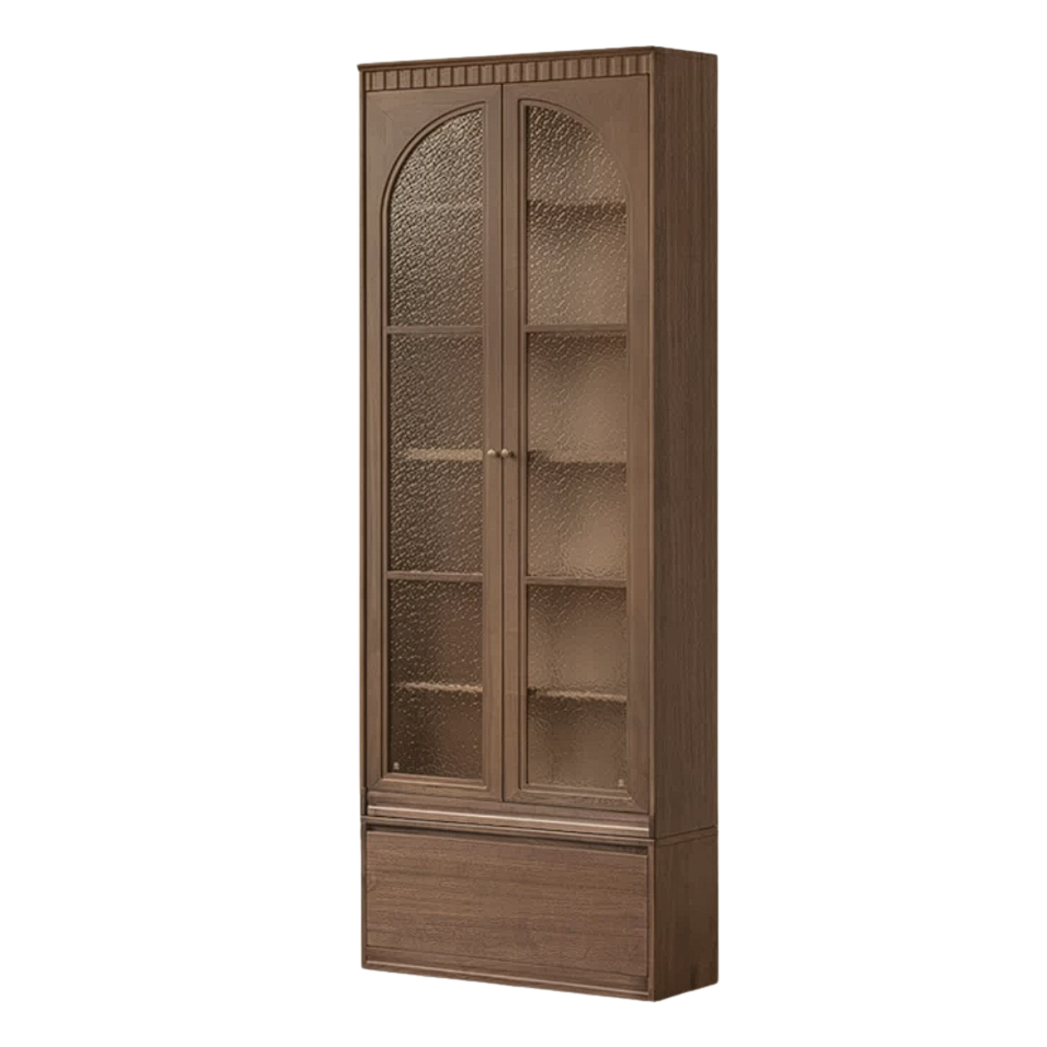 Black Walnut, Sandalwood Solid Wood Library Wall Unit with Arched Glass Doors