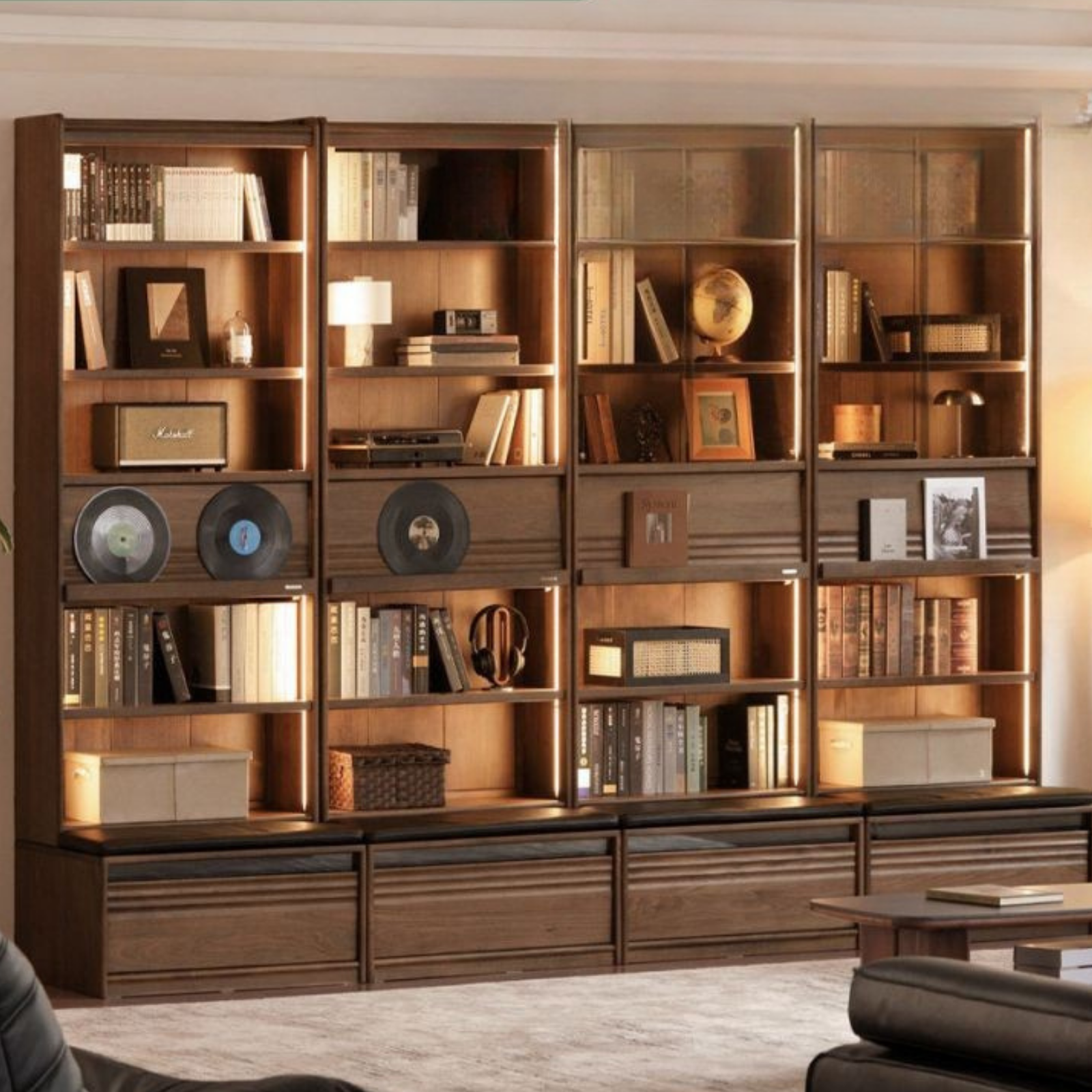 Black Walnut Solid Wood Integrated Wall Bookcase with Floor Display