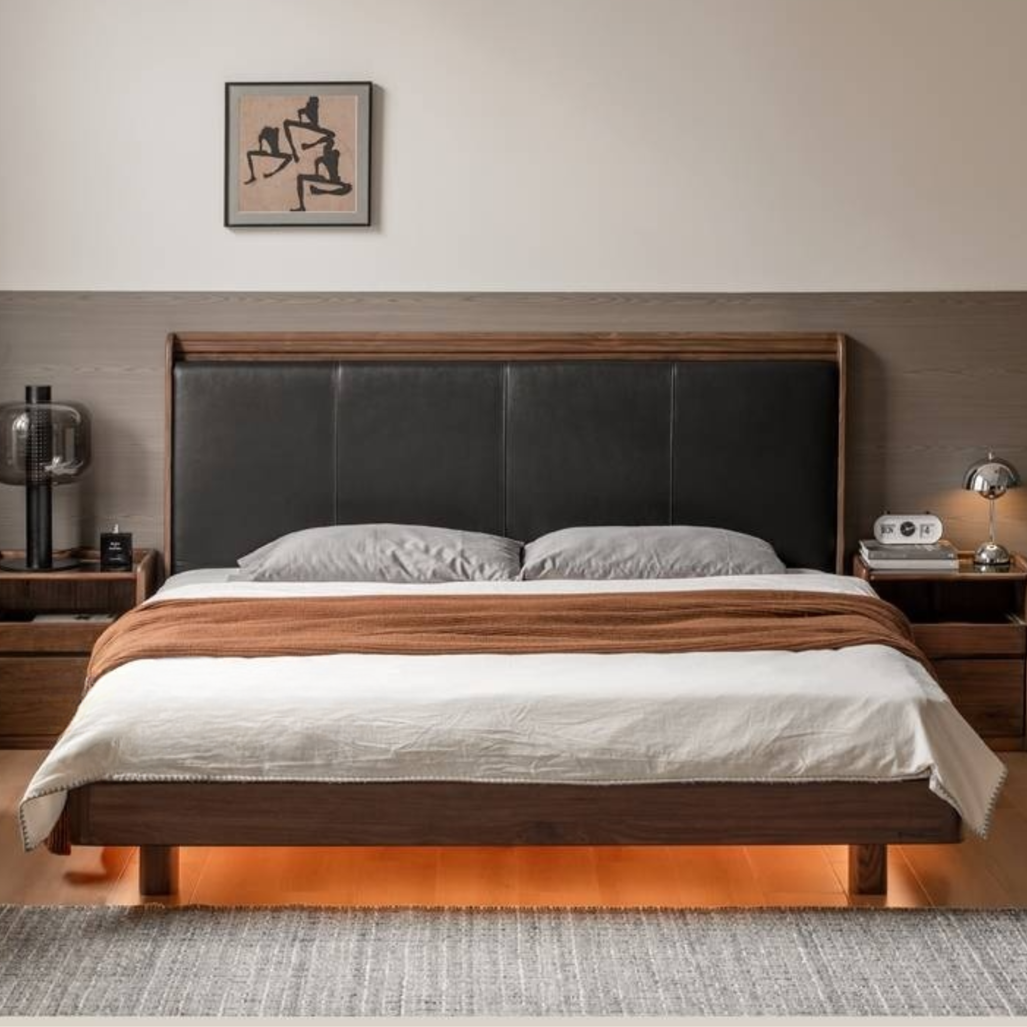 Black Walnut Solid Wood Luxury Leather with Light Bed