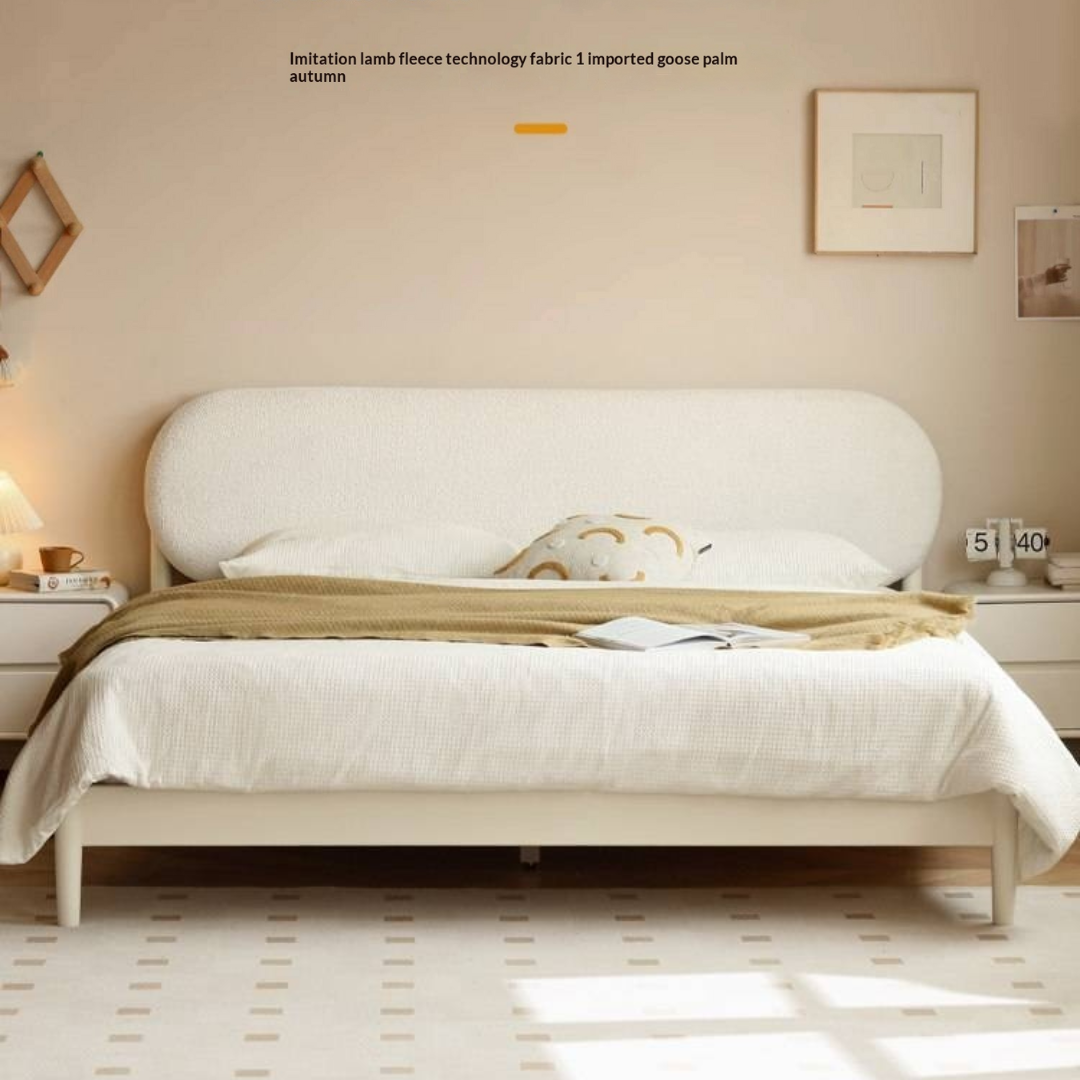 Poplar Solid Wood Bed — Upholstered with Fabric, Creamy Lambswool Soft Backrest