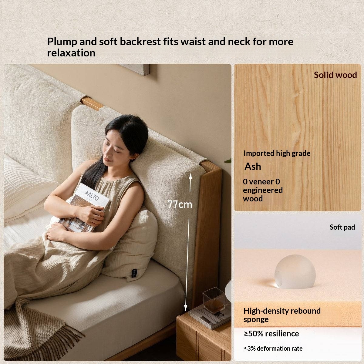 Ash Solid Wood Platform Bed with Split Panel Upholstered Headboard