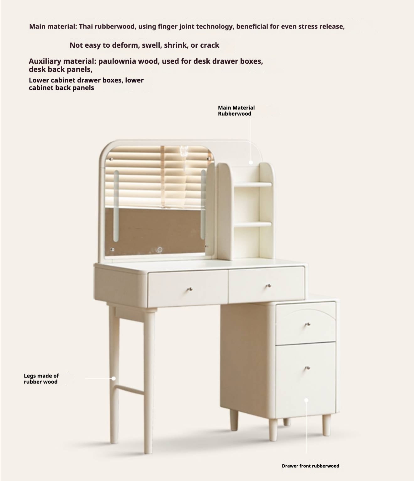 Solid Rubberwood Telescopic Multifunctional Dressing Table
