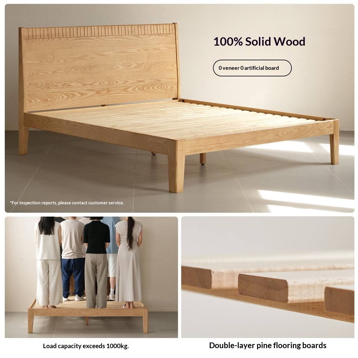 Ash Solid Wood Modern Minimalist Bed with Grooved Headboard and High Under-Bed Clearance