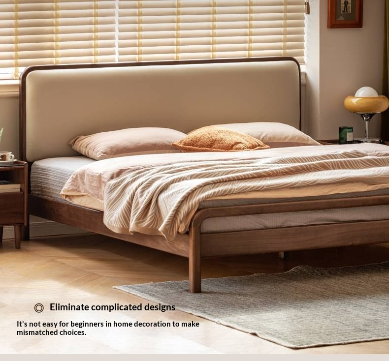 Black Walnut, Beech Solid Wood Retro Upholstered Large Bed