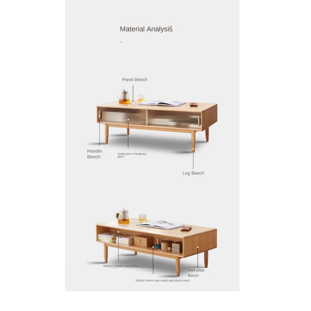 Beech Solid Wood Glass Sliding Door Coffee Table