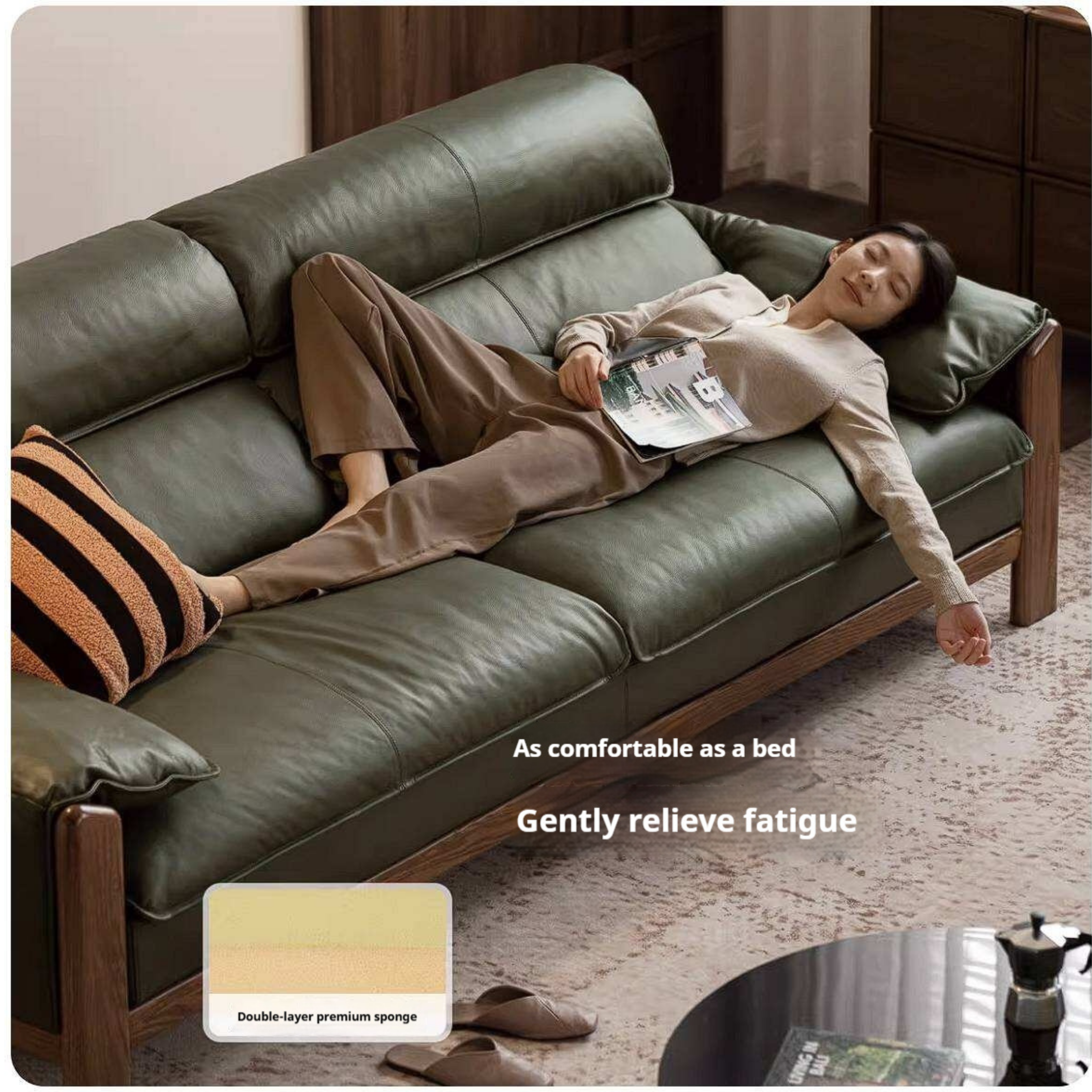 Oak Solid Wood, Sandalwood Sofa with Italian Light Luxury Leather Design
