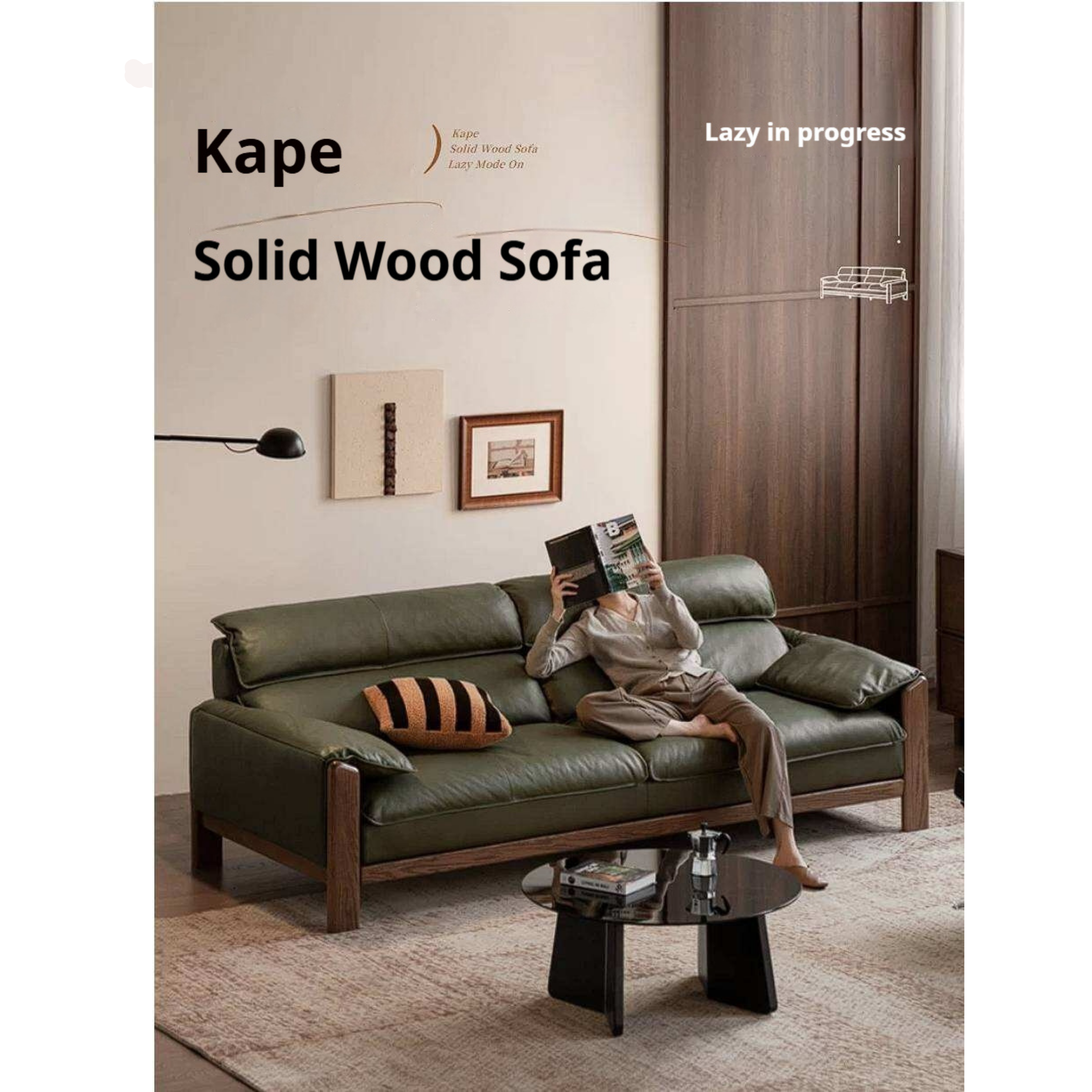 Oak Solid Wood, Sandalwood Sofa with Italian Light Luxury Leather Design