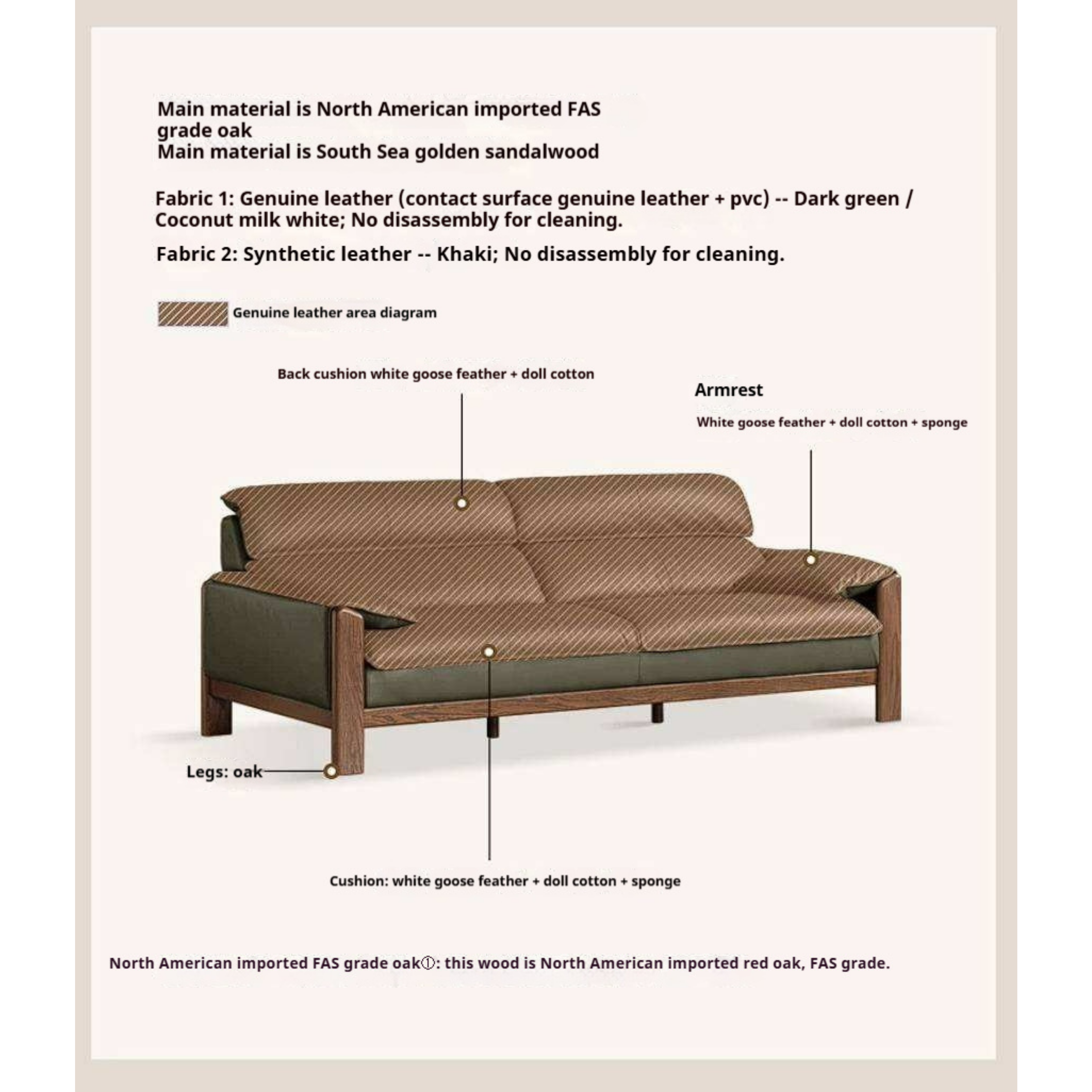 Oak Solid Wood, Sandalwood Sofa with Italian Light Luxury Leather Design