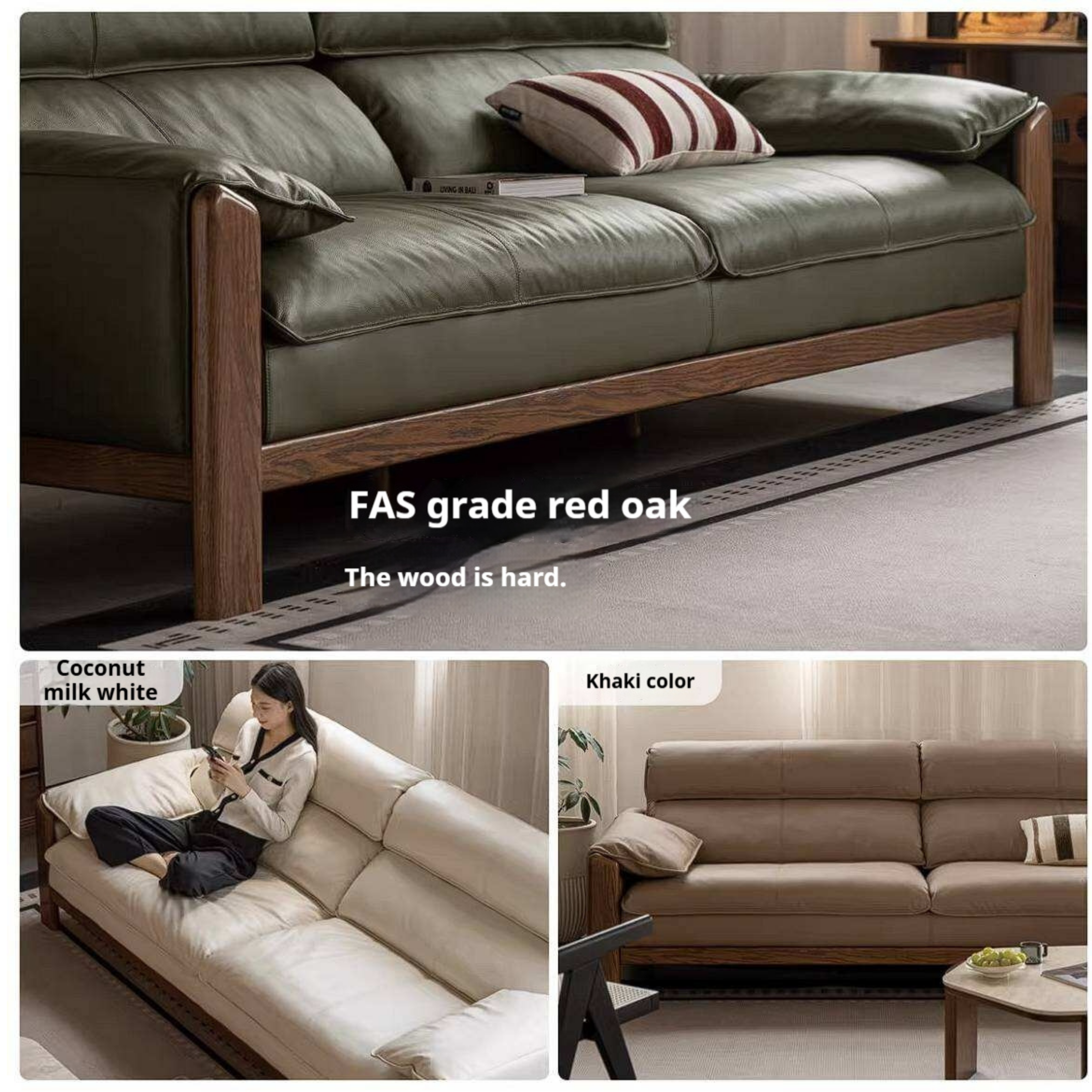 Oak Solid Wood, Sandalwood Sofa with Italian Light Luxury Leather Design