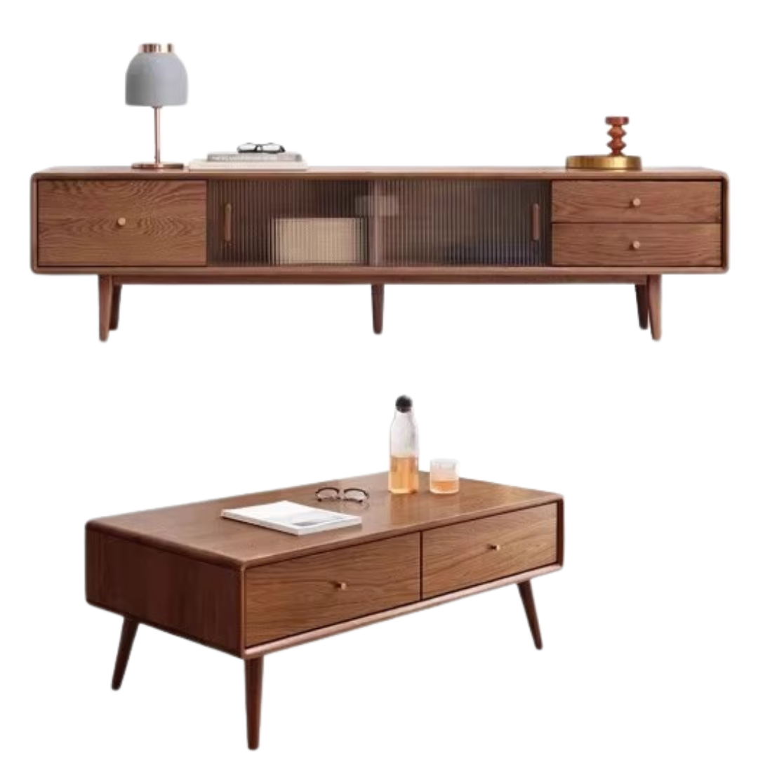 Oak, Solid Rubberwood, Beech Solid Wood TV Stand Glass Sliding Door