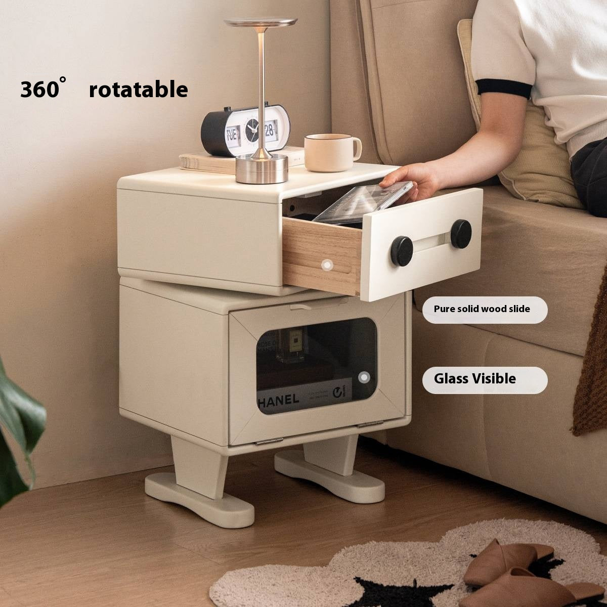 Solid Rubberwood, Oak Solid Wood Cream Style Nightstand.