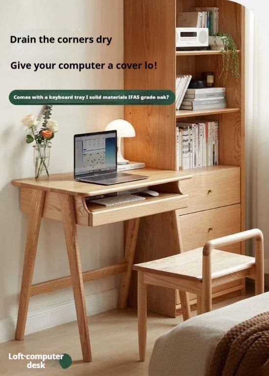 Oak, Solid Rubberwood Narrow Study Desk with Drawers