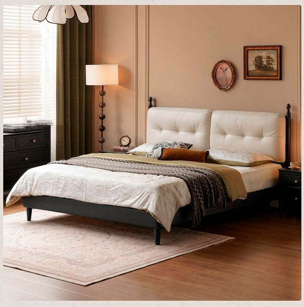 Leather Soft Bed French Retro Style