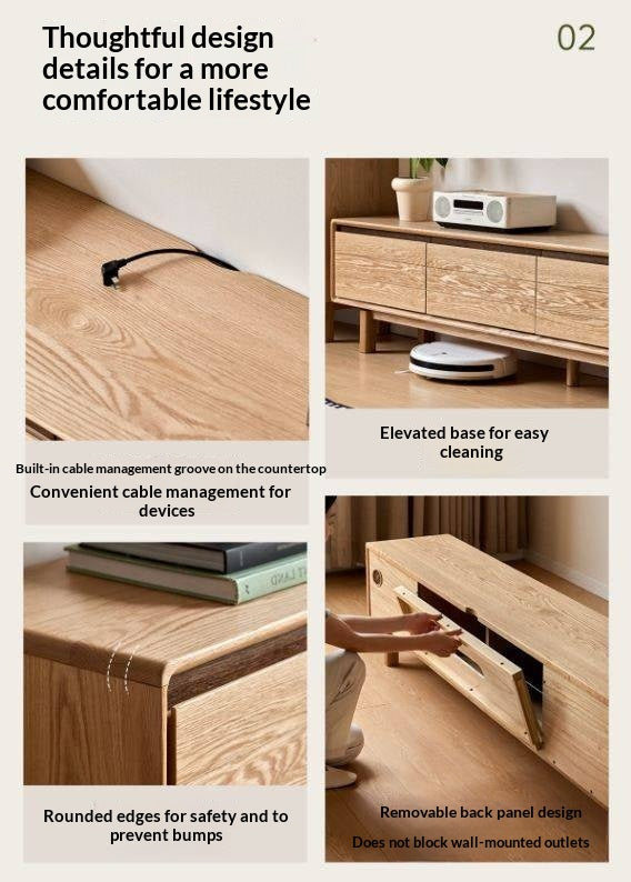 Oak Solid Wood Scandinavian TV Console with Two-Tone Color Block Doors