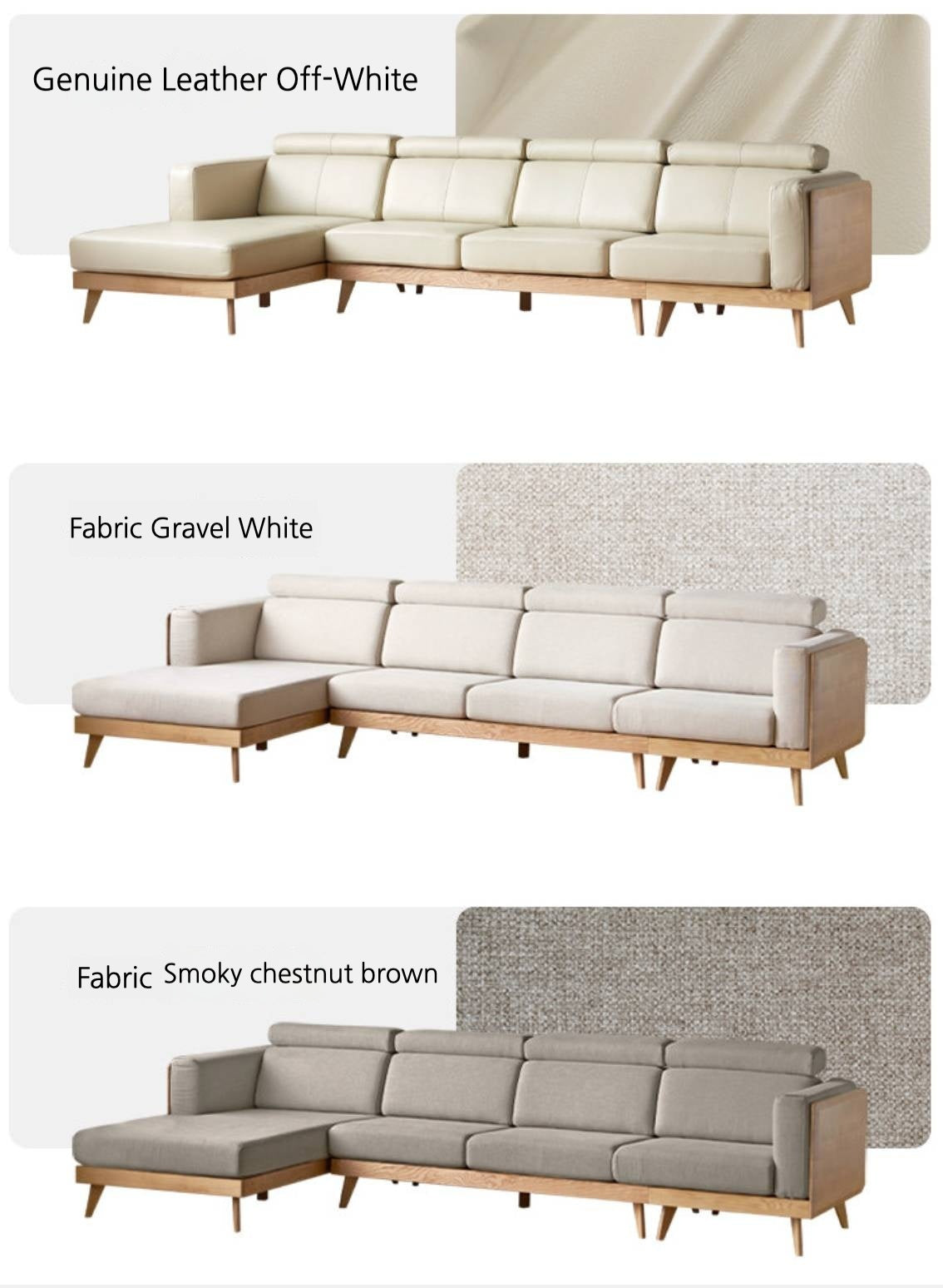 Ash Solid Wood L-Shaped Fabric Sofa with Adjustable Headrests