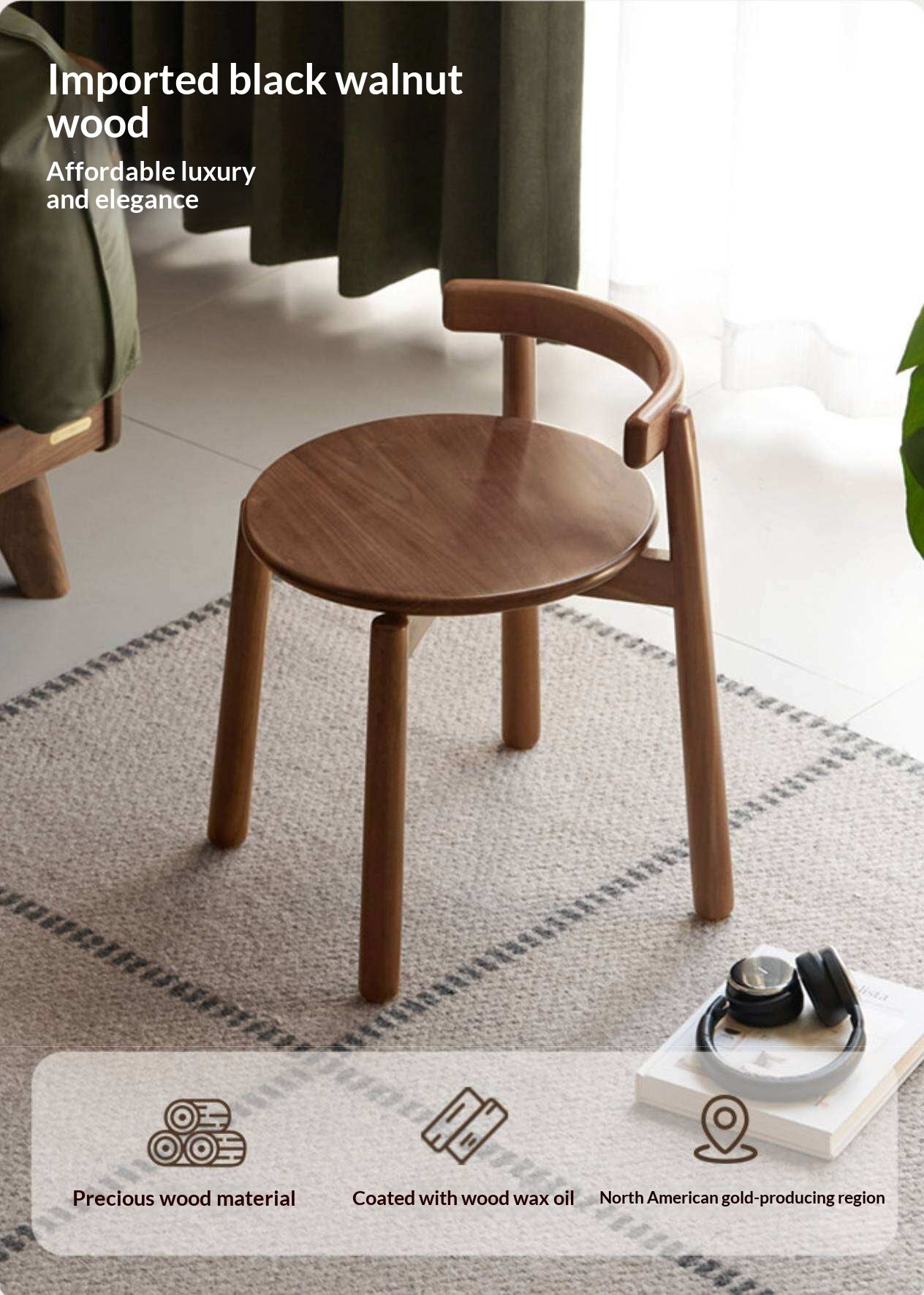 Black Walnut, Oak Solid Wood Low Back Makeup Stool with Round Seat