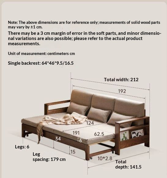 Oak, Beech Sofa Bed with Wood Frame and Side Storage Pocket