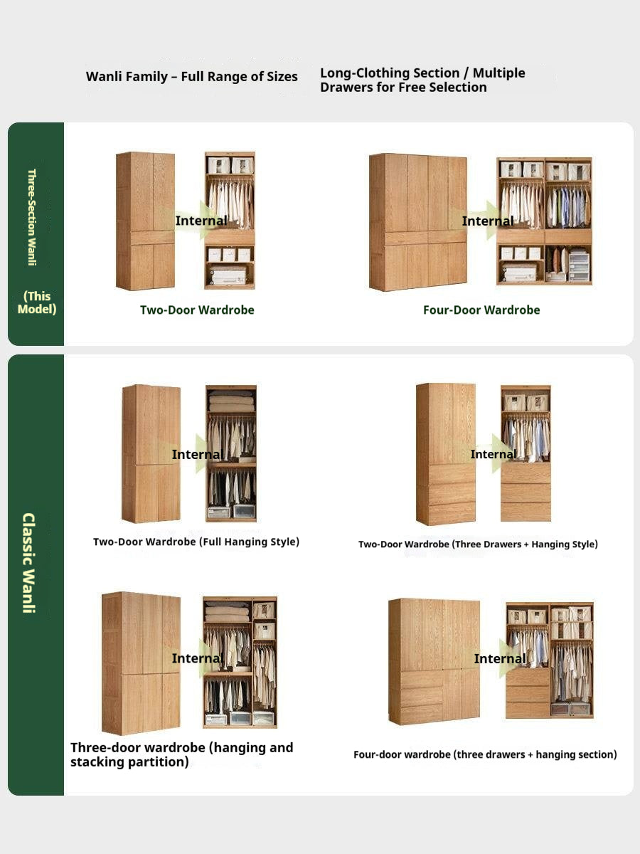 Oak Solid Wood Double Door Wardrobe with pull-out storage drawers Design