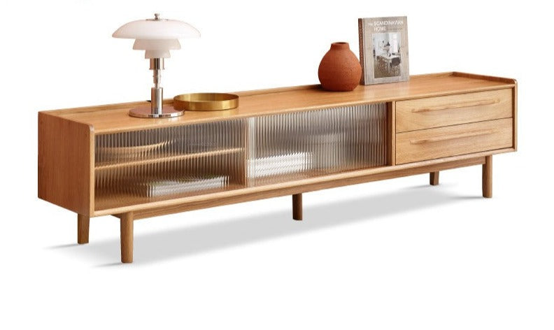 Oak solid wood TV stand sliding door"