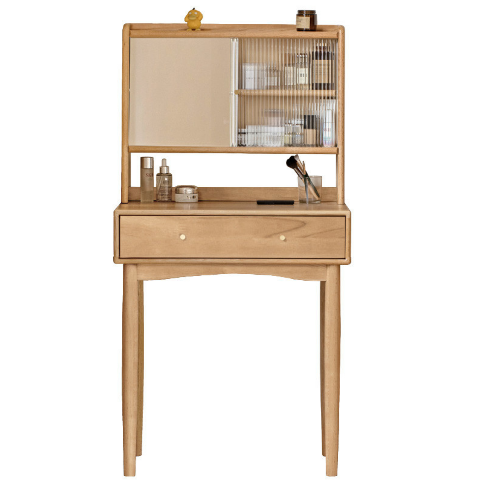 Oak Solid Wood, Solid Rubberwood Vanity Table Hidden Makeup Mirror.