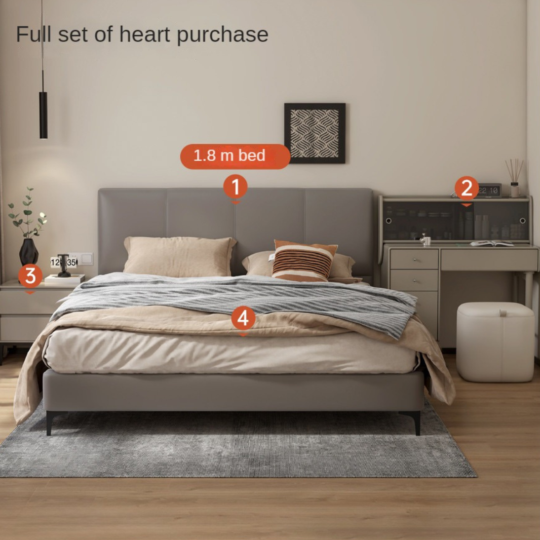Genuine Leather Cowhide Bed Light Luxury Style Bedroom Complete Set of Furniture.