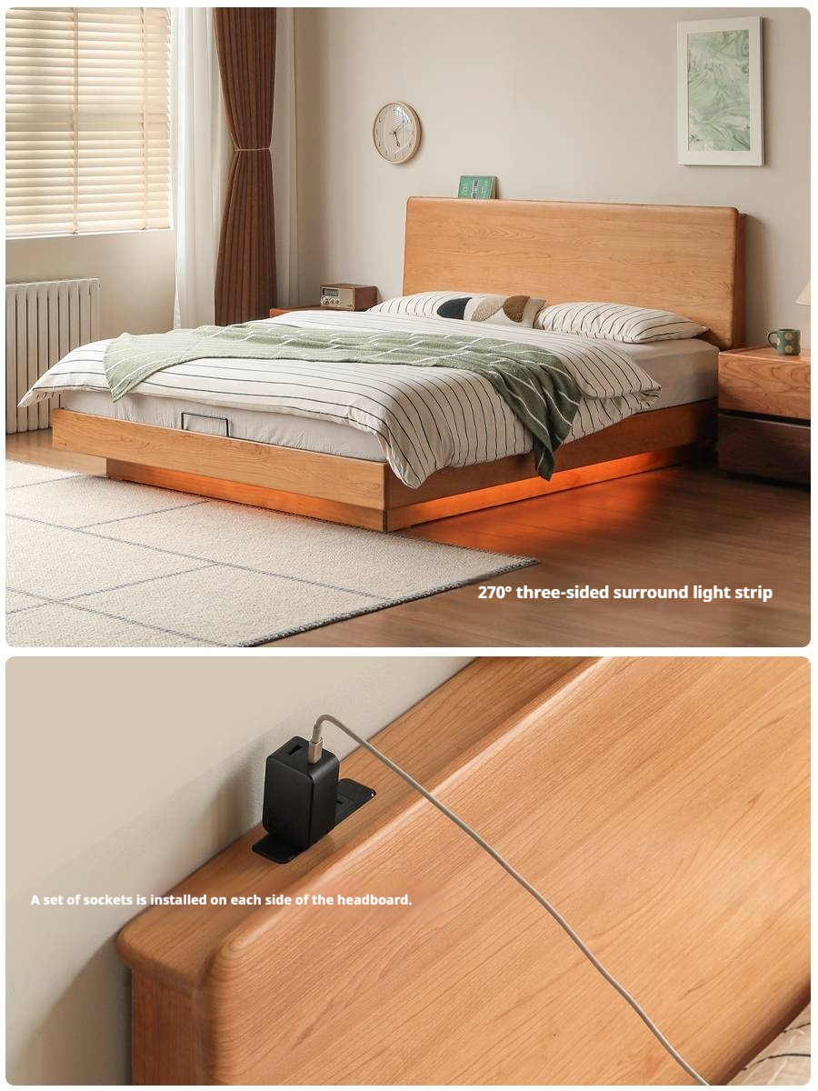 Cherry Solid Wood Modern Minimalist Storage Box Bed with Suspension Design