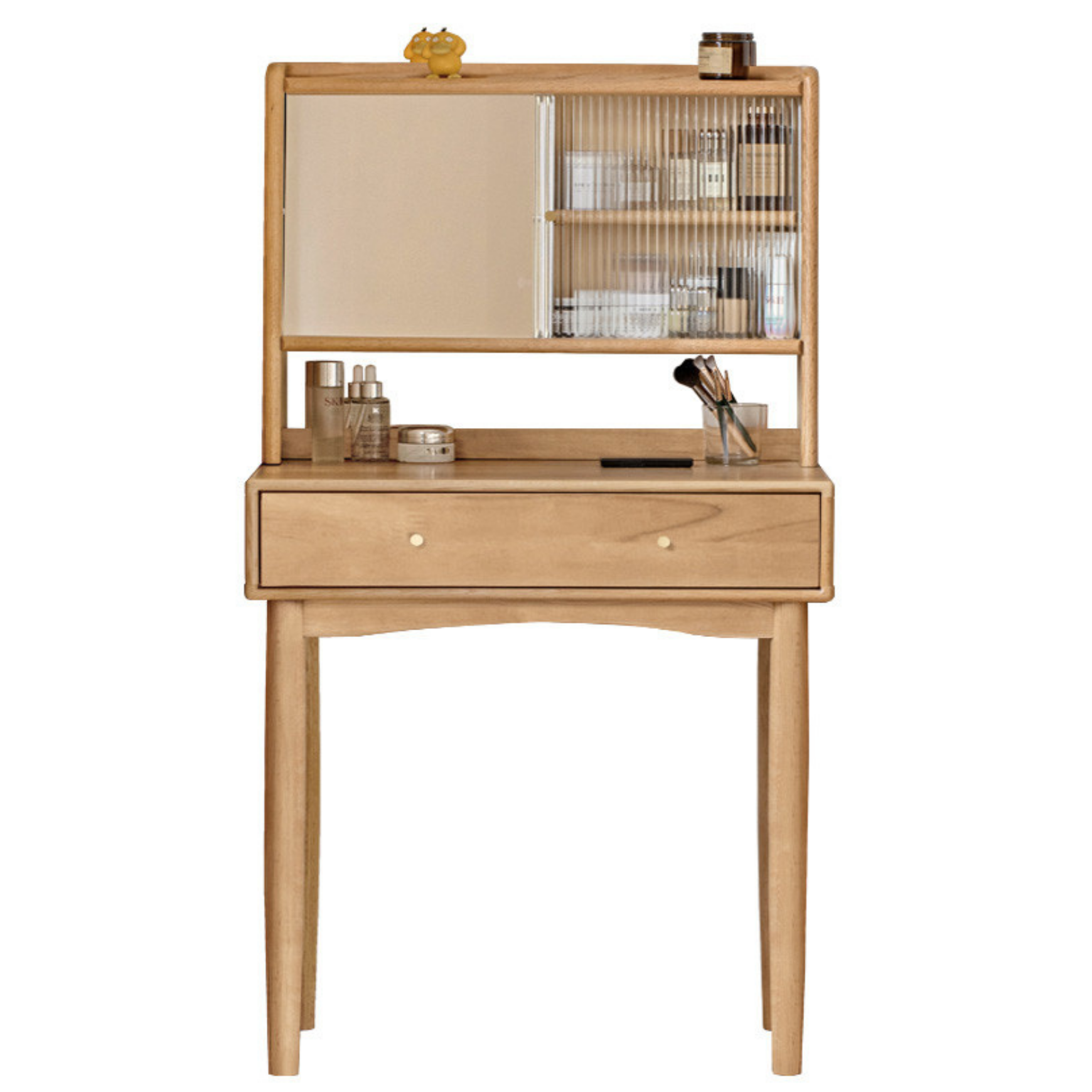 Oak Solid Wood, Solid Rubberwood Vanity Table Hidden Makeup Mirror.