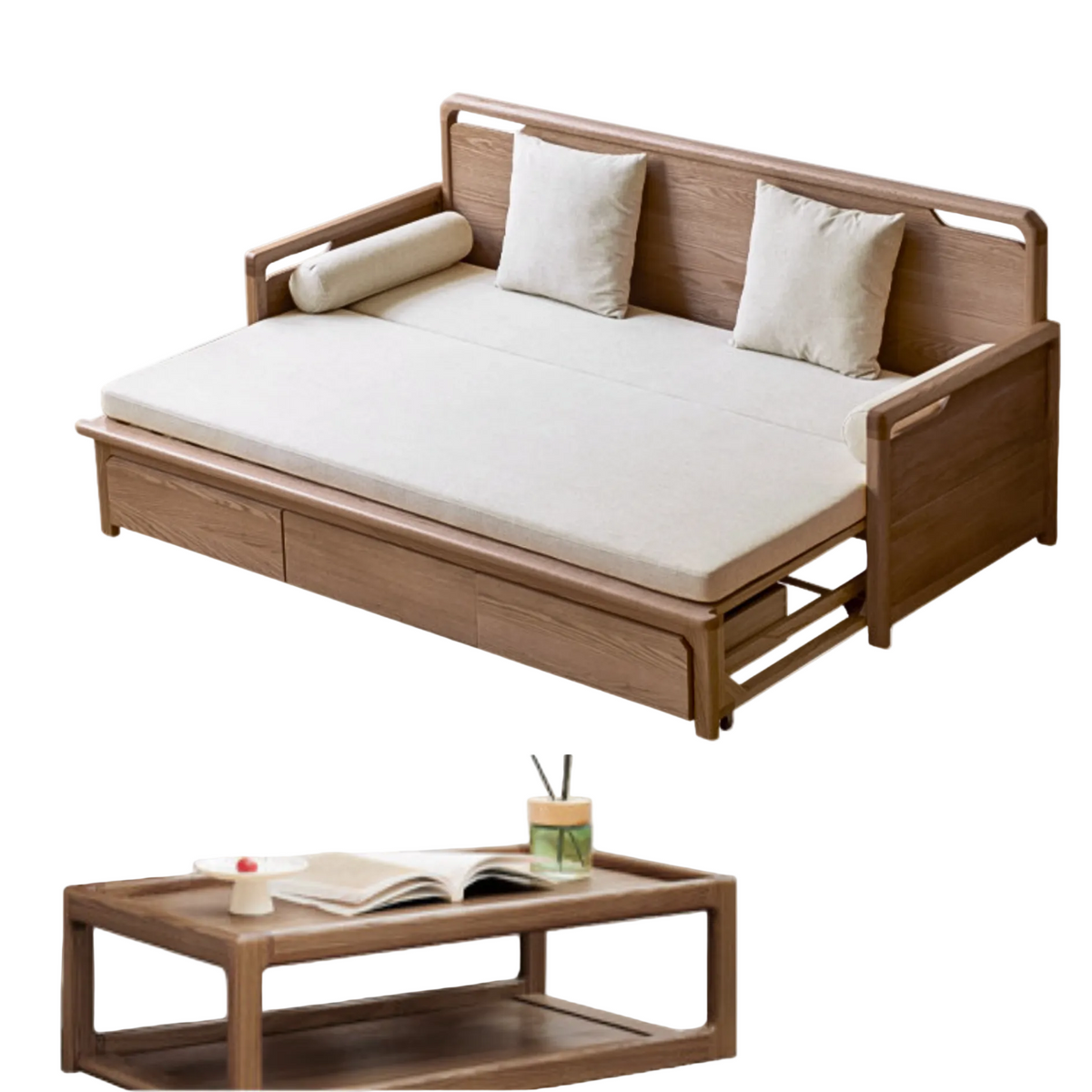 Oak solid wood Convertible Daybed Sofa with Integrated Storage