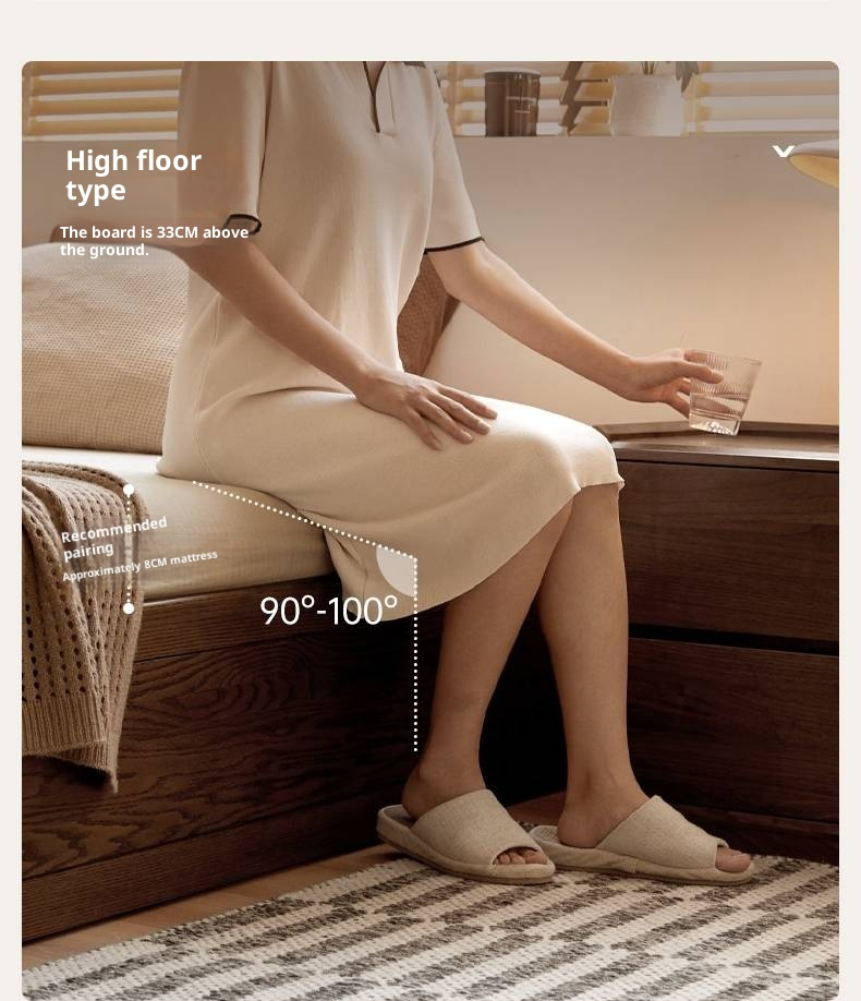 Oak, Rubberwood Solid Wood Platform Box Bed, Headboard-Free Bed Modern Minimalist