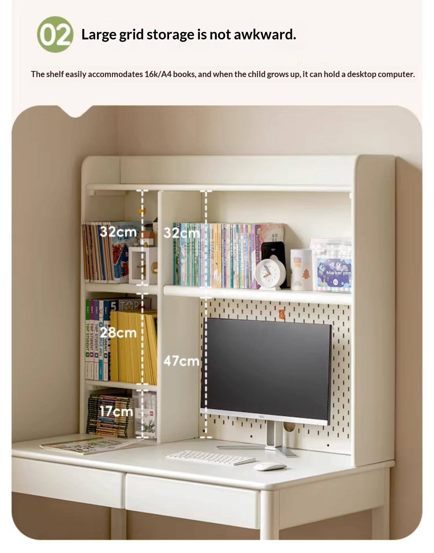 Solid RubberWood Cream Style Bookshelf Integrated Kids Table