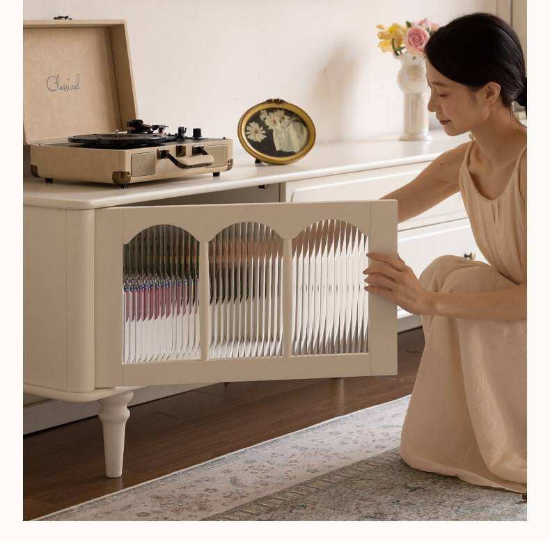 Solid Rubberwood TV Cabinet French Cream Style and Integrated Storage