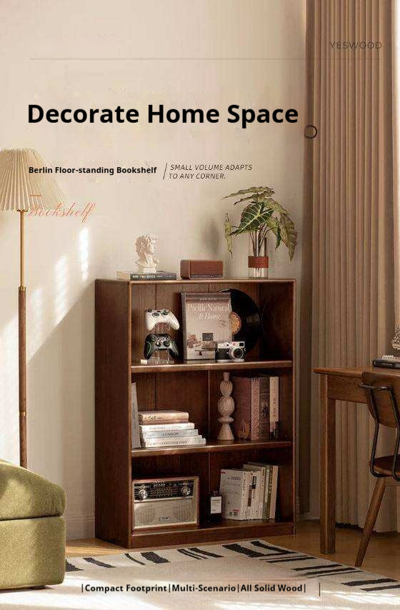 Solid Rubberwood Modern Minimalist Bookcase with Floor-Standing Storage