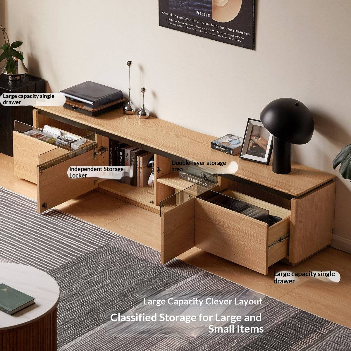 Oak Solid Wood TV Stand with Modern Minimalist Storage Design.