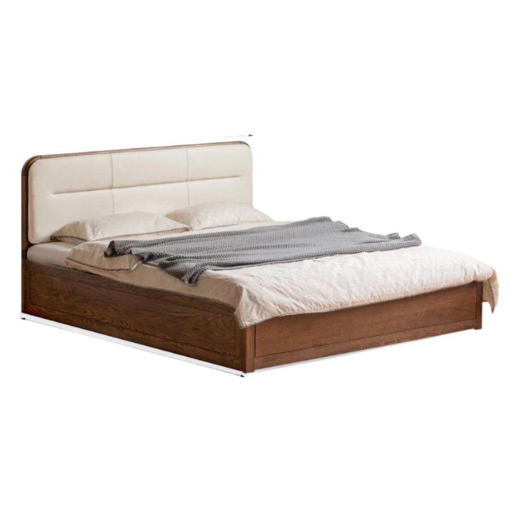 Oak Solid Wood Modern Genuine Leather, Organic Leather Storage Bed