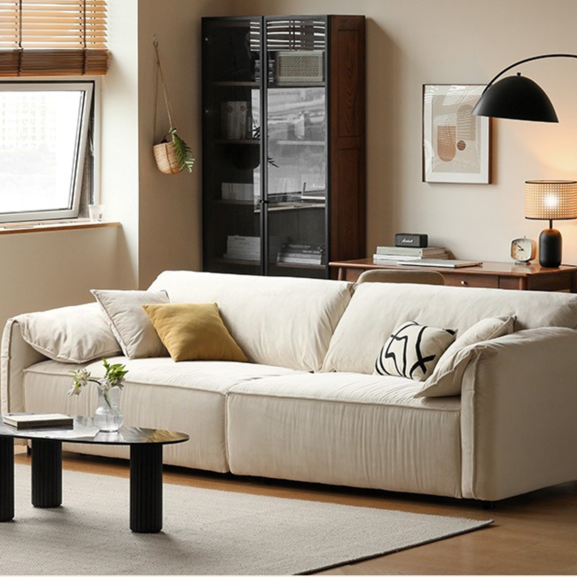 Fabric Straight Sofa Cream Style
