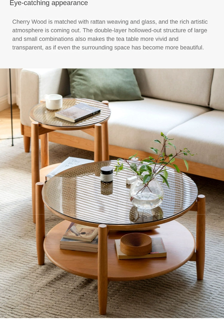 Cherry Wood Rattan Vine Weaving Glass Retro Coffee Table Combination