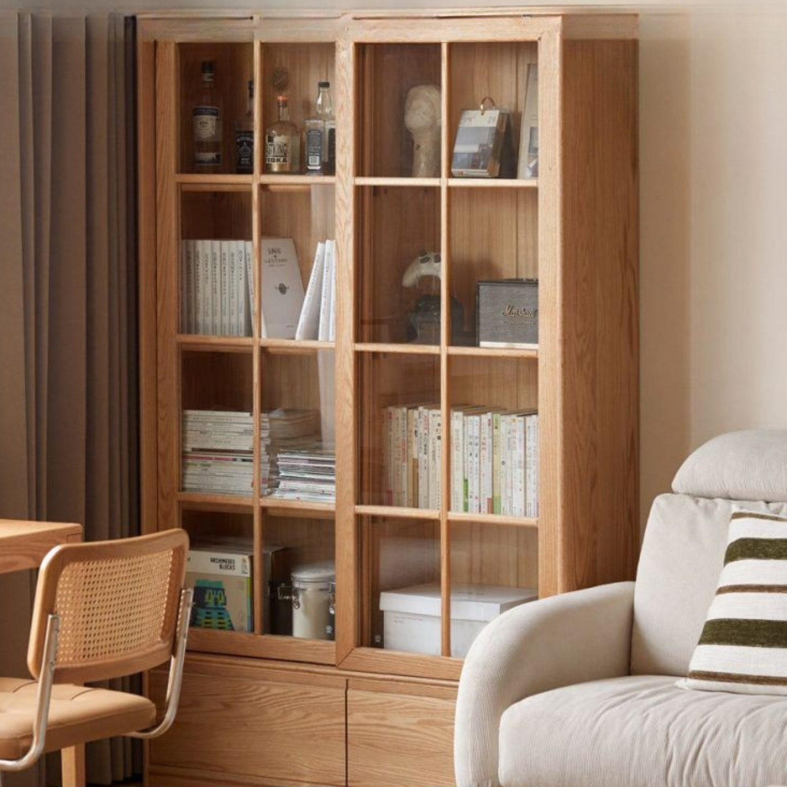 Ash Solid Wood Bookcase with Sliding Doors and Floor-to-Wall Glass Display Cabinet