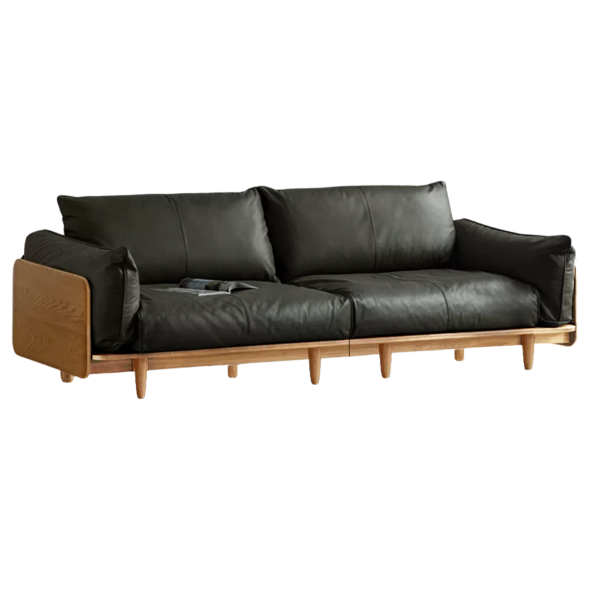 Oak, Ash Solid Wood Sofa with Exposed Wide Arms, High-Back, Genuine leather -fabric